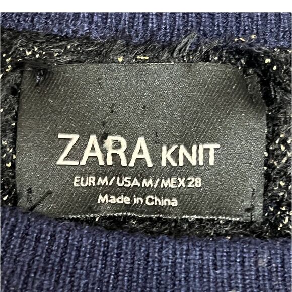 Zara Sweater Womens M Blue Fuzzy Leopard Hi Low Silver Animal Print Party Knit - Picture 3 of 10